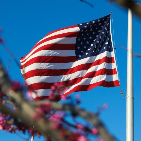 一面美国国旗在卢伯斯学生服务中心外飘扬.